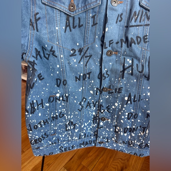 Brooklyn Cloth Blue Denim Jacket Black Graffiti Style text&white paint splatter - Picture 5 of 11
